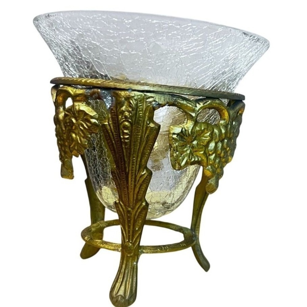 Vtg Brass Crackle Glass Candle Holder‎ Vase Compote Bowl Grape Motif Design **